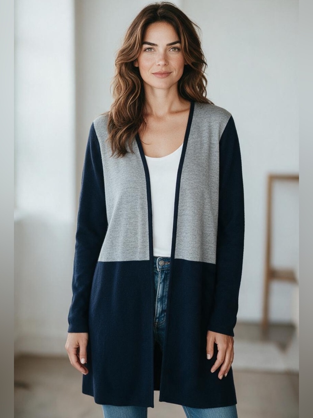 Talbots Merino Wool Open Front Cardigan Size M Color Block Blue Gray